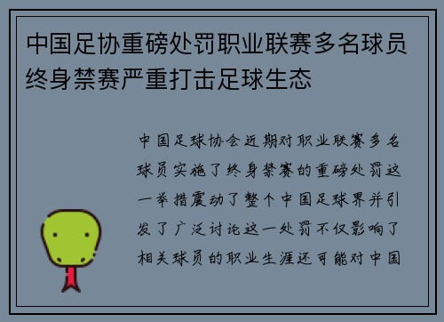 中国足协重磅处罚职业联赛多名球员终身禁赛严重打击足球生态
